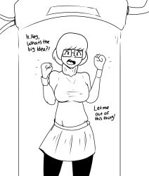 breasts dialogue faetomi female_only monochrome open_mouth scooby-doo_(series) solo stasis_tank text velma_dinkley western
