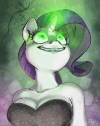 bare_shoulders breasts corruption curly_hair glowing glowing_eyes green_eyes horns horse_girl large_breasts large_lips long_hair my_little_pony nightmare_fuel purple_hair rarity smile thezeo unicorn_girl