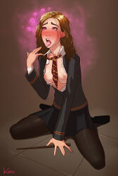 blush breasts brown_hair femsub glowing glowing_eyes harry_potter_(series) hermione_granger incase large_breasts long_hair magic magic_wand open_clothes pantyhose school_uniform skirt symbol_in_eyes tie tongue tongue_out western