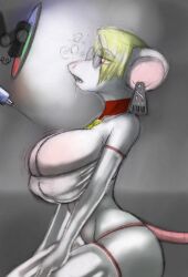  blonde_hair bra breast_expansion breasts dazed drool earrings empty_eyes female_only femsub furry glasses huge_breasts hypnotic_screen injection kneeling kraken large_breasts mouse_girl needle open_mouth original panties syringe tech_control the_korps thighhighs underwear 