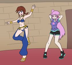  angry belt blue_eyes bracelet breasts brown_hair cleavage closed_eyes dancing danna_(giant93) empty_eyes eyebrows_visible_through_hair female_only happy_trance harem_outfit headphones hypnotic_audio jewelry long_hair midriff multiple_girls multiple_subs mythkaz navel niccole_(gaint93) original pink_hair resisting sandals shirt shoes short_hair short_shorts shorts side_ponytail simple_background smile tech_control underboob 