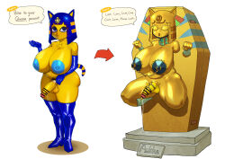  absurdres animal_crossing ankha_(animal_crossing) aurification bare_breasts before_and_after blue_hair breasts cat_ears cat_girl censored chubby cock_ring coffin crabhorn cum egyptian eyeshadow female_only furry futanari futasub large_breasts mummification nintendo nipple_chains opera_gloves petrification solo squatting tail text thick_thighs thigh_boots thighs topless 