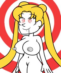 apopop blonde_hair bottomless breasts drool femsub happy_trance long_hair nude sailor_moon sailor_moon_(series) simple_background smile spiral_eyes symbol_in_eyes topless twintails