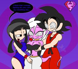  android_21 arm_warmers bare_shoulders belt bisexual black_hair bracelet breast_press breasts chichi cleavage collarbone crotch_rub dialogue dragon_ball dragon_ball_fighterz elf_ears english_text eyebrows_visible_through_hair eyelashes femdom femsub goku groping hand_on_another's_cheek happy_trance husband_and_wife hypnoscream large_breasts malesub multiple_subs pants pink_skin ponytail purple_background shiny_hair shiny_skin simple_background smile speech_bubble spiralwash_eyes standing sub_on_sub tail text tied_hair white_hair wide_hips 