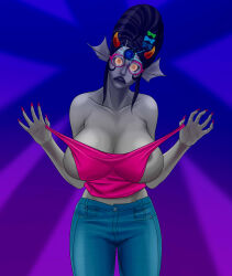 absurdres black_hair boogars breasts fangs femsub glasses grey_skin hair_ribbon homestuck horns hypnotic_accessory large_breasts microchip ms_paint_adventures ribbon spiral_eyes symbol_in_eyes tech_control undressing unhappy_trance