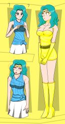 absurdres belt blue_eyes boots breasts cleavage collarbone dress expressionless female_only femsub gloves gold green_hair high_heels hy2300 hypnotic_accessory kneehighs latex long_hair open_mouth red_eyes sailor_moon_(series) sailor_neptune shrunken_irises simple_background solo spiral spiral_eyes standing tech_control yellow_background