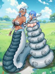  ashley_(mrcaptainodd) bare_shoulders blue_hair bra breasts choker cleavage coils collarbone elf_ears femdom femsub hair_ornament happy_trance huge_breasts kaa_eyes lewdlygod1 long_hair marie_(mrcaptainodd) naga_girl nude original scales scalie signature simple_background smile standing_at_attention topless very_long_hair white_hair 