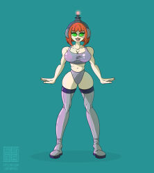 absurdres angie_(supertechno324) antenna bikini breasts female_only fembot femsub happy_trance headphones hypnotic_accessory large_breasts latex mr_scade original robotization short_hair smile spiral_eyes symbol_in_eyes tech_control thighhighs western