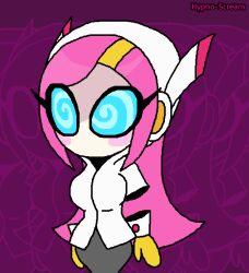  blue_eyes blue_sclera blush clothed eyelashes female_only femsub gloves hair_clips hoodie hourglass_figure hypnoscream kirby_(series) long_hair nintendo pink_hair purple_background robot_girl signature solo spiralwash_eyes standing susie_(kirby) wide_hips 