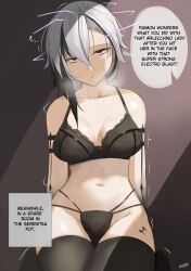  aether_(genshin_impact) arlecchino_(genshin_impact) black_eyes bra breasts dialogue drool electricity empty_eyes english_text eroborne expressionless eye_roll female_only femsub genshin_impact grey_hair kneeling lingerie long_hair maledom mind_break multicolored_hair navel panties red_eyes simple_background speech_bubble tattoo text thighhighs trembling white_hair 