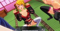 3d blonde_hair blue_eyes bottomless breasts curly_hair dialogue dog_pose female_only femdom femsub japanese_clothing kamen_writer_mc kimono large_breasts mc_trap_town multiple_girls multiple_subs nipple_tweak pet_play screenshot spiral_eyes symbol_in_eyes text topless twintails