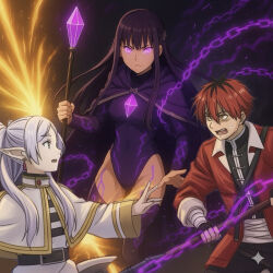 ai_art cape corruption crystal fern_(frieren:_beyond_journey&#039;s_end) frieren frieren:_beyond_journey&#039;s_end glowing_eyes johntrent05_(generator) leotard magic stark_(frieren:_beyond_journey&#039;s_end)