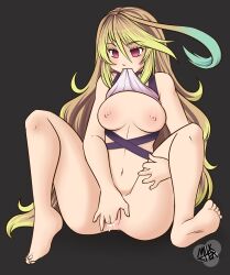 ahoge barefoot blonde_hair blue_hair bottomless breasts empty_eyes feet female_only femsub large_breasts long_hair masturbation milktea milla_maxwell multicolored_hair nude pussy pussy_juice solo tales_of_(series) tales_of_xillia topless