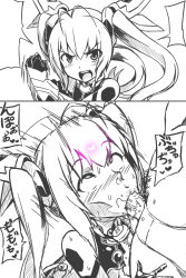  bare_shoulders before_and_after blowjob_face crossed_eyes cum cum_in_mouth empty_eyes eye_roll fellatio femsub genderswap gonna_be_the_twin-tail!! greyscale heart heterosexual maledom otoo penis tail_red text twintails 