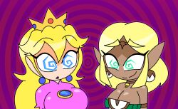 alternate_color_scheme bare_shoulders blonde_hair breasts choker cleavage clothed crossover crown dark_skin dress earrings elf_ears female_only femsub happy_trance hypnoscream long_hair nintendo open_mouth princess princess_peach princess_zelda smile spiral_background spiralwash_eyes super_mario_bros. tears_of_the_kingdom the_legend_of_zelda