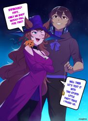 animal_ears before_and_after breasts brown_hair character_request choker cleavage denial dialogue dress english_text femsub green_eyes halloween headphones maledom open_mouth original outdoors pendulum pumpkin rind_rin00 short_hair signature smile speech_bubble text tongue very_long_hair witch_hat