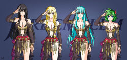  alerith alternate_costume bare_shoulders black_hair blonde_hair blue_eyes blue_hair breasts cleavage clothed cosplay costume empty_eyes enemy_conversion expressionless female_only femsub fire_emblem fire_emblem_the_blazing_blade green_hair happy_trance karla_(fire_emblem) large_breasts long_hair louise_(fire_emblem) midriff multiple_girls multiple_subs navel ninian_(fire_emblem) nino_(fire_emblem) nintendo orange_eyes purple_eyes saluting short_hair smile very_long_hair 