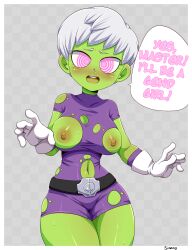 absurdres alien alien_girl armor belt blush breasts cheelai dragon_ball dragon_ball_super female_only femsub gloves good_sub_conditioning green_skin happy_trance large_breasts manip open_mouth pink_eyes rng_(manipper) short_hair simmsy smile text thick_thighs torn_clothes white_hair
