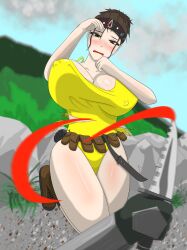 blush breasts chouriki_sentai_ohranger cleavage corruption erect_nipples erect_nipples_under_clothes headband huge_breasts knife oh_yellow one-piece_swimsuit outdoors super_sentai swimsuit torn_clothes weapon