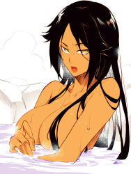 asutora bathing black_hair bleach bottomless breasts collarbone dark_skin empty_eyes female_only femsub hot_spring large_breasts long_hair looking_at_viewer manip nude open_mouth qian_(colorist) qian_(manipper) simple_background solo topless water wet white_background yellow_eyes yoruichi_shihoin