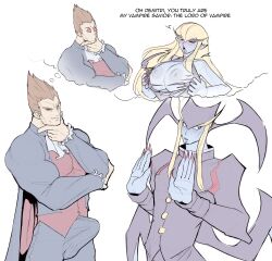  alternate_hairstyle blue_skin blush breasts brown_hair capcom closed_eyes darkstalkers demitri_maximoff dialogue dream elf_ears english_text erection_under_clothes feminization femsub huge_breasts jedah_(darkstalkers) long_hair maledom meme mysticalpp nail_polish red_sclera short_hair simple_background smile sweat tagme text thought_bubble tight_clothing torn_clothes transgender undressing vampire white_background 