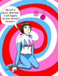 absurdres breasts brown_hair clown clown_girl empty_eyes female_only giselle_(ninjamon102938) happy_trance kneeling large_breasts original pendulum pink_eyes short_hair smile spiral text tf-circus