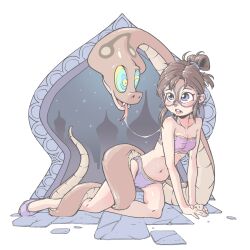 alvin_and_the_chipmunks blush breasts brown_hair chipmunk_girl coils drool furry glasses harem_outfit hypnotic_eyes jarv jeanette_miller kaa_eyes long_hair navel small_breasts snake tongue tongue_out