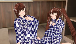 3d 3d_custom_girl blush brown_hair clothed cum cum_on_body femsub kimono multiple_girls original twintails