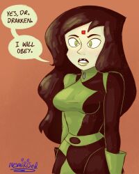  black_hair clothed expressionless female_only femsub green_eyes green_lipstick kim_possible_(series) latex looking_at_viewer mesmirised microchip shego standing_at_attention tech_control 