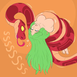 blush coils collarbone eye_roll eyebrows_visible_through_hair feet female_only femsub goddess green_eyes green_hair hanging_down heavy_eyelids kid_icarus large_breasts long_hair nintendo nude open_mouth orange_background original palutena plsgts restrained saalim_(plsgts) simple_background snake