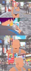  absurdres aware bald clothed dialogue english_text fat male_only microphone multiple_boys no_eyes original phone purple_hair sugus text ugly_bastard 