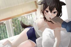  bare_shoulders barefoot blush brown_eyes brown_hair choker cleavage dog_girl femsub large_breasts maledom ohmysz open_mouth original pov_dom shorts 