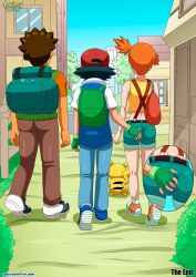  ash_ketchum ass ass_grab backpack black_hair brock brown_hair cap comic crop_top fingerless_gloves jean_shorts jeans misty nintendo orange_hair palcomix pikachu pokemon pokemon_(anime) shirt short_hair side_ponytail sneakers suspenders text vest 