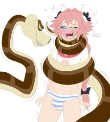  androgynous asphyxiation astolfo_(fate/grand_order) bondage bulge choking coils disney drool erection fate/apocrypha fate_(series) femboy happy_trance hypnotic_eyes kaa kaa_eyes male_only maledom malesub open_mouth panties penis pink_hair plsgts simple_background snake the_jungle_book tongue tongue_out trap trembling underwear white_background yaoi 