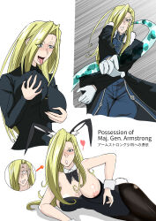  absurdres angry aware blonde_hair blush brain_injection breast_fondling breast_grab bunny_ears bunny_girl bunnysuit cleavage clothed cuffs disposable_chopsticks_(apsthf43ae2bktk) fake_animal_ears fake_tail femsub fullmetal_alchemist gloves green_eyes groping hair_covering_one_eye heart holding_breasts hypnotic_slime long_hair lying nipples olivier_mira_armstrong one_breast_out posing possession simple_background slime symbol tail tongue tongue_out white_background white_eyes 