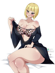  bare_legs bare_shoulders blush breasts cleavage crossed_legs enetheligthingdancer female_only hypnotic_eyes leopard_print lingerie naruto_(series) robe samui short_hair sitting smile solo thick_thighs underwear undressing unusual_pupils 