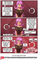 aiko_hajime_shin before_and_after brown_eyes comic drool happy_trance how_i_became_my_masters_slave hypnotico large_ass large_breasts large_hips nipples pendulum pink_hair pov_dom saimin_(hypnotico) sharp_teeth speech_bubble story text