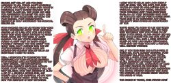  breasts breasts_outside brown_hair caption dress femdom glowing glowing_eyes green_eyes hypnofish_(manipper) hypnotic_breasts hypnotic_eyes large_breasts manip nintendo nipples pokemon pokemon_omega_ruby_and_alpha_sapphire pov_sub roxanne spiral teacher text twintails 
