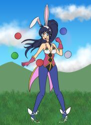  blue_eyes blue_hair bunny_ears bunny_girl bunnysuit choker cleavage dazed female_only femsub fire_emblem fire_emblem_heroes flower flower_in_hair gloves happy_trance high_heels large_breasts long_hair mythkaz nintendo open_mouth outdoors pantyhose ponytail smile solo spiral_eyes standing tana_(fire_emblem) 