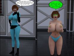 3d before_and_after bottomless breasts danny_phantom_(series) dialogue female_only femsub glowing glowing_eyes happy_trance kneeling large_breasts maddeline_fenton milf nickelodeon nipple_piercing nude orange_hair piercing solo text theheckle topless