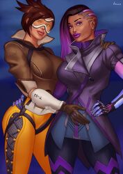 bimbofication bodysuit breasts brown_hair large_lips lipstick long_hair multicolored_hair overwatch preview purple_lipstick short_hair signature simple_background sombra_(overwatch) tracer vitalis