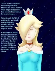 bare_shoulders blonde_hair changer collar crown female_only femsub hair_covering_one_eye happy_trance jewelry nintendo princess princess_rosalina super_mario_bros. text