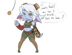 artist_request bandlebro coin dazed drool female_only femsub league_of_legends midriff pendulum text tristana_(league_of_legends) white_hair yellow_eyes yordle