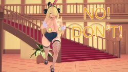  aware blonde_hair bunny_ears bunnysuit clothed clothed_exposure cynthia dialogue english_text female_only fishnets grey_eyes hair_covering_one_eye mustardsauce pasties pokemon pokemon_(anime) running solo star_pasties text 