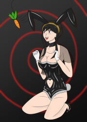  bangs bare_legs black_background breasts bunny_ears bunny_girl bunnysuit carrot choker cleavage collarbone fake_animal_ears fake_tail femsub gloves happy_trance high_heels hy2300 kneeling large_breasts long_hair open_mouth red_eyes simple_background smile spiral spiral_eyes spy_x_family symbol_in_eyes yor_briar 