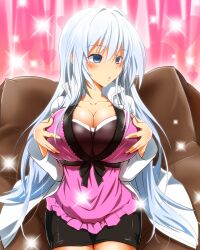 blue_eyes blush breasts cleavage crossed_eyes empty_eyes expressionless femsub heart holding_breasts large_breasts manip silver_hair skirt tiechonortheal_(manipper) white_hair