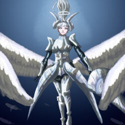 acier_silva armor bangs black_clover clothed female_only femsub gauntlets grey_hair halo horns magic perri purification shoulder_pads simple_background solo standing straight-cut_bangs white_hair wings 