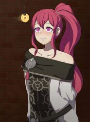  absurdres anna_(fire_emblem) arms_behind_back bare_shoulders belt blush clothed collarbone drool empty_eyes female_only femsub fire_emblem fire_emblem_three_houses happy_trance long_hair nintendo pendulum ponytail purple_eyes red_hair smile solo sweat tunberuku 