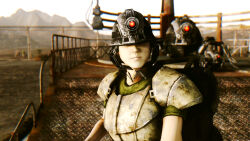  3d absurdres armor crossover dor_15 expressionless fallout_(series) fallout_new_vegas female_only femdom femsub hat helmet meet_the_robinsons pale_skin prodlimen red_eyes robot solo tech_control 
