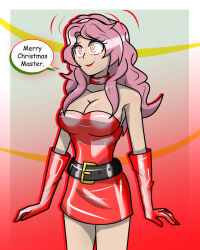 belt black_clover christmas cleavage clothed collar collarbone dress english_text eyeshadow female_only femsub gloves happy_trance headband hy2300 lipstick pink_hair smile speech_bubble spiral_eyes standing text vanessa_enoteca